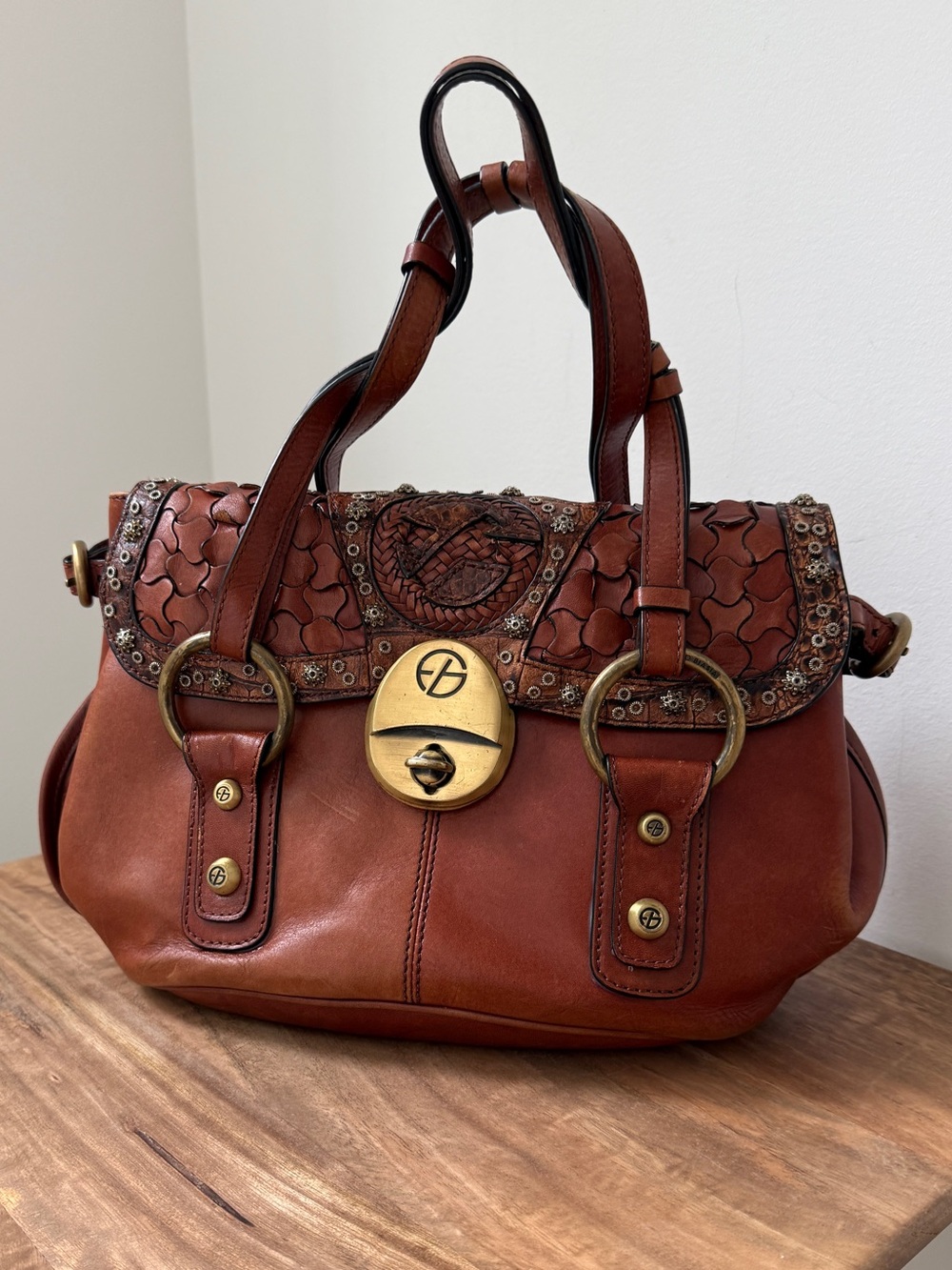Vintage FRANCESCO BIASIA Gorgeous Tooled Leather Satchel Bag Cognac Brown Y2K